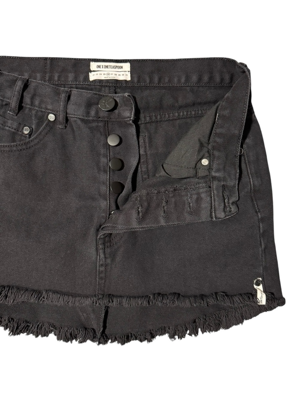 ONE X ONE TEASPOON Black High Rise Distressed Denim Mini Skirt High Low Fray 26 - Picture 3 of 9